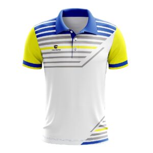 Badminton Polo Tshirt For Men | Custome Sports Clothing White Yellow & Blue Color