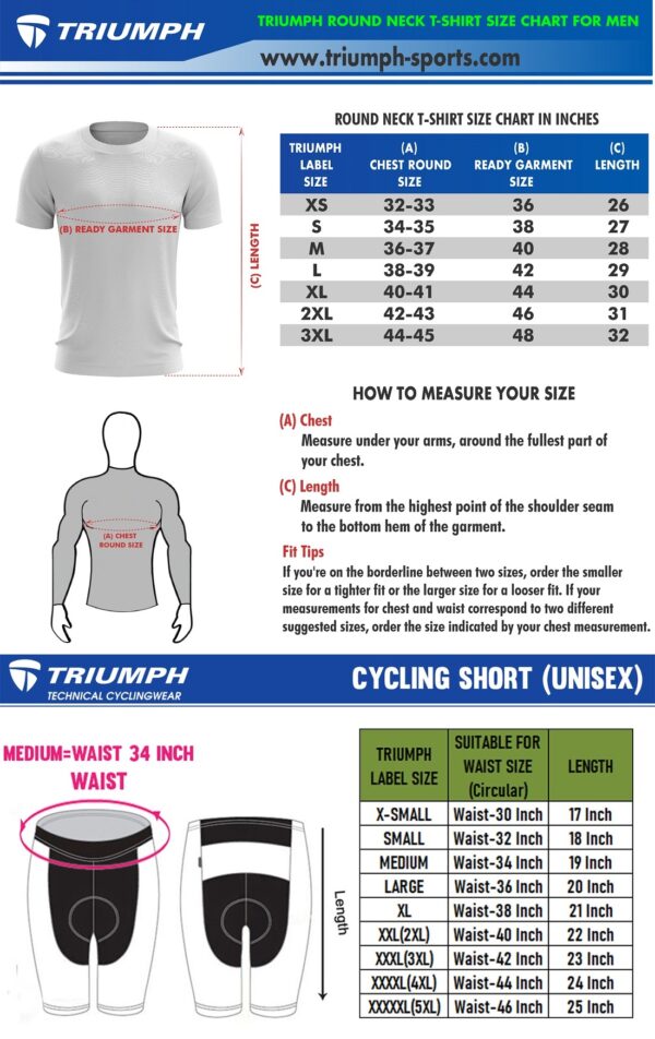 Cycling T-shirts and Shorts Size Chart for Men