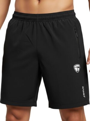 Men’s Running Shorts, Breathable Athletic Black Color Shorts with Moisture-Wicking Fabric & Zipper Pockets for Gym, Workout & Sports