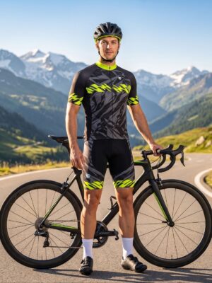 Mens Cycling Jersey with Pockets Black Yellow Short Sleeve Quick Dry Biking Shirts