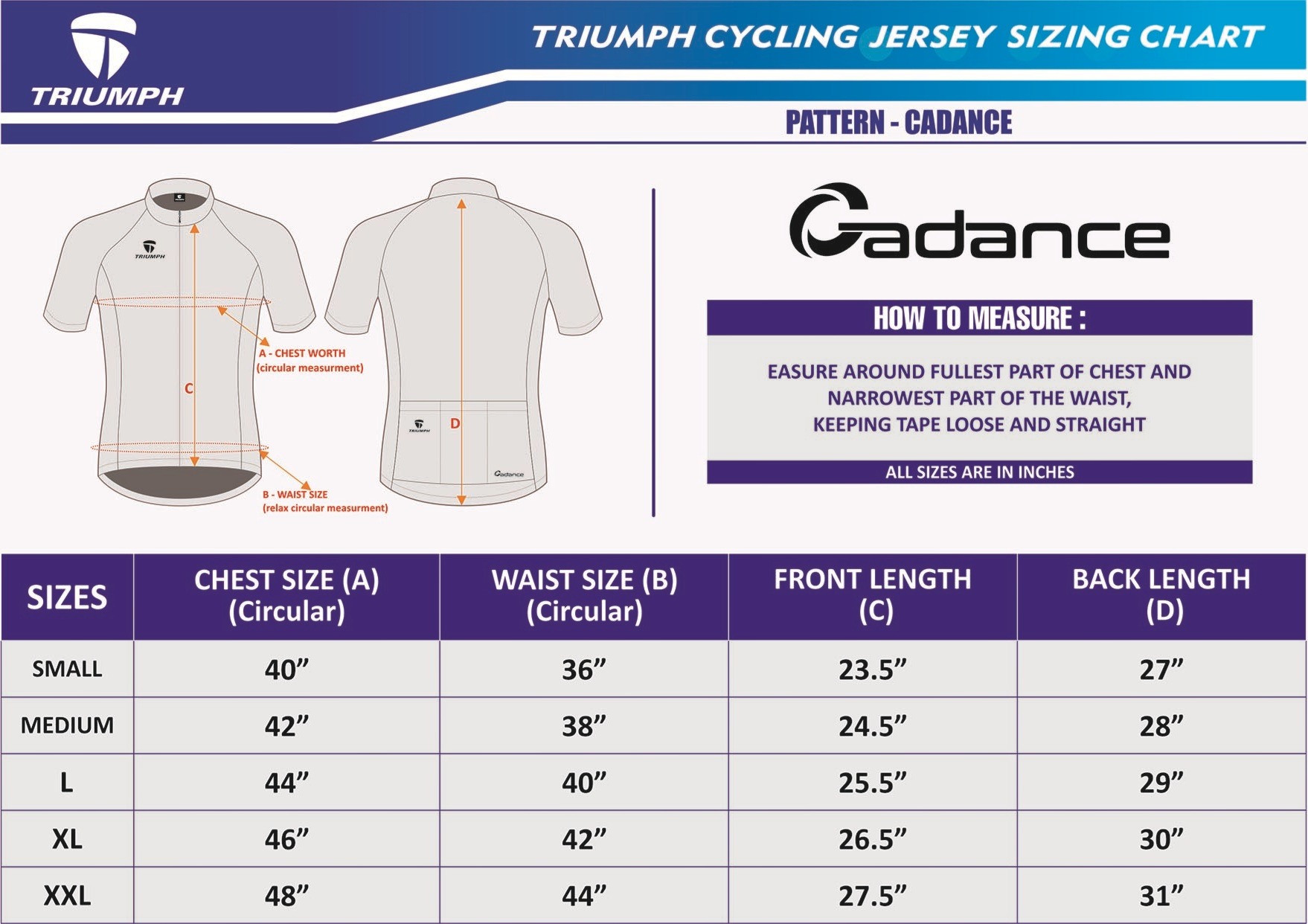 Triumph Cadance Cycling Jersey Size Chart