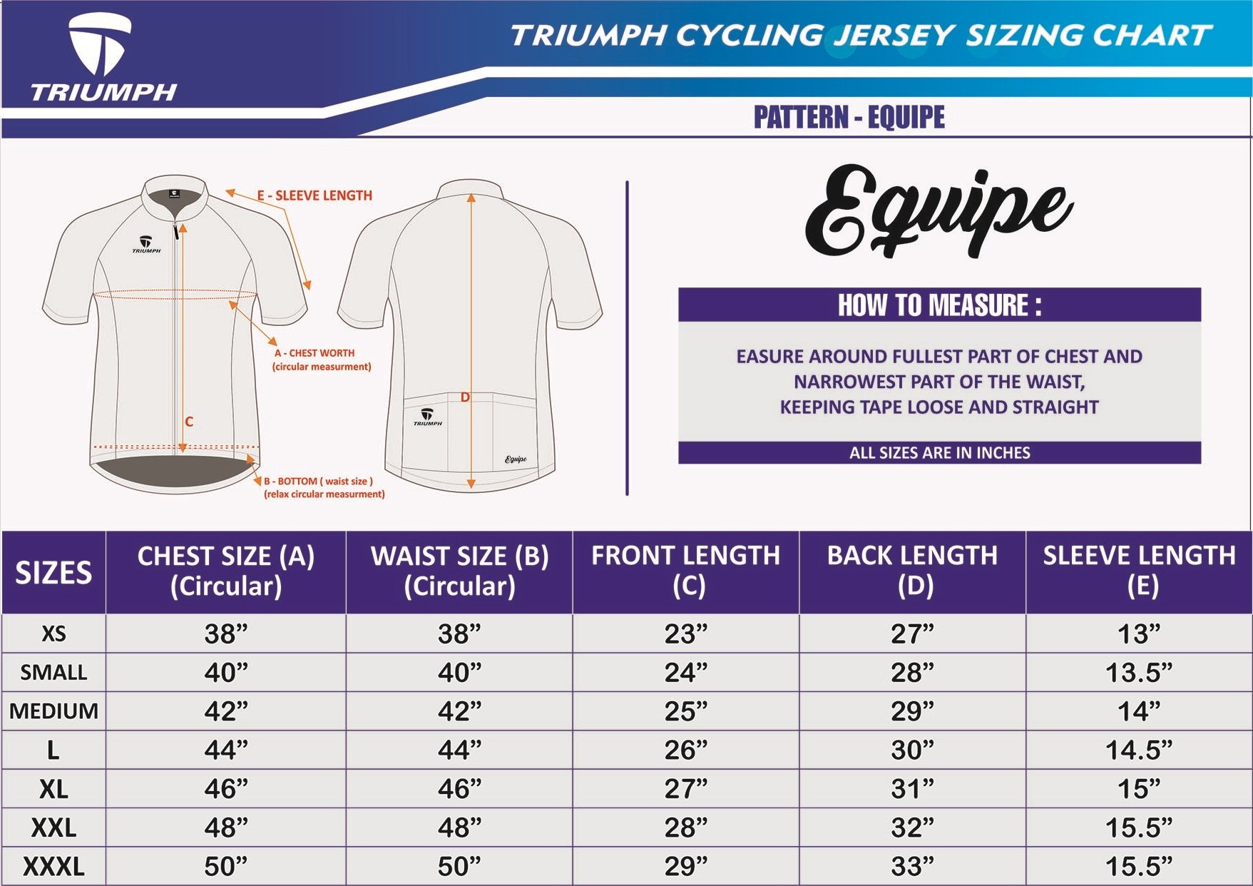 Triumph Equipe Cycling Jersey Size Chart