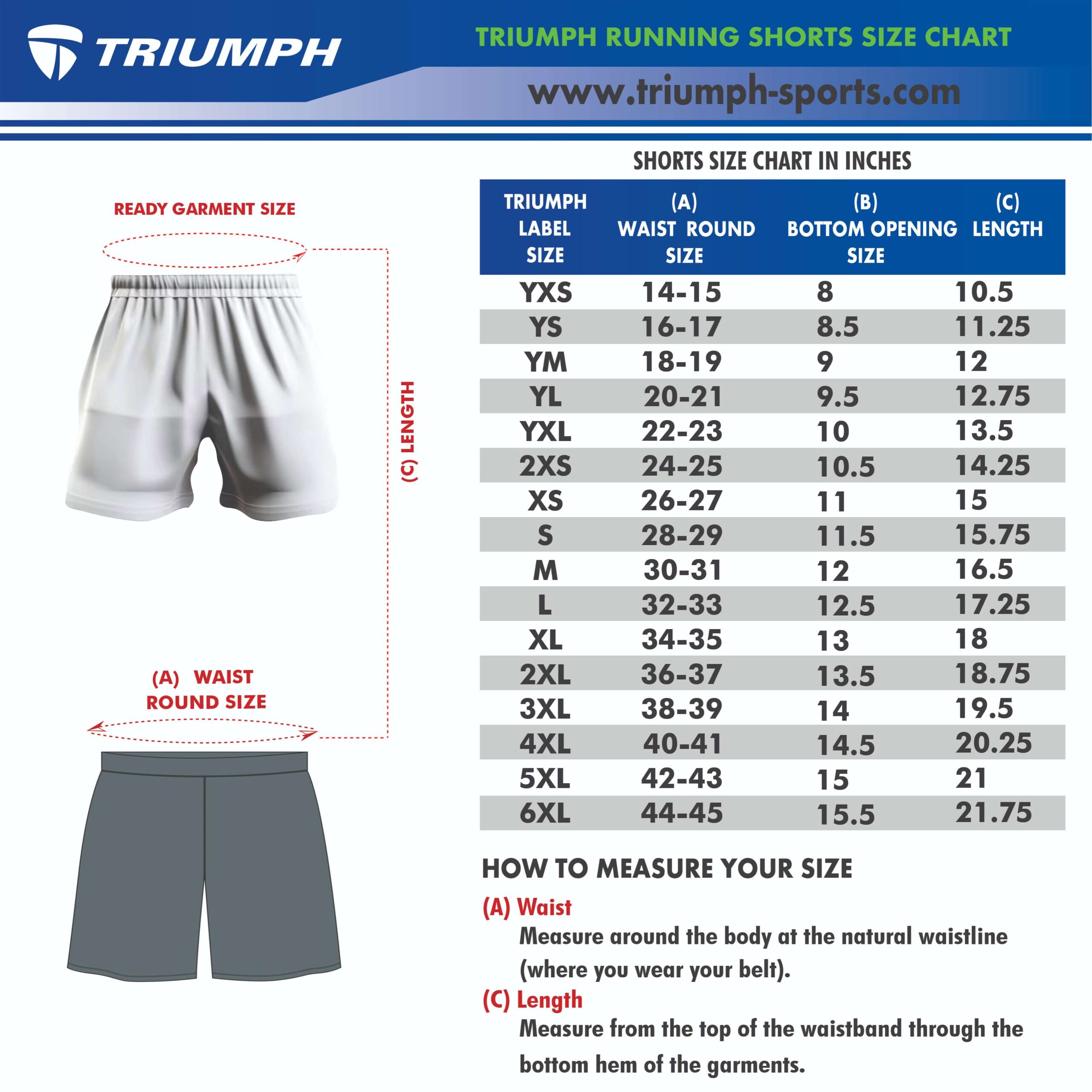 Triumph Running Shorts Size Chart